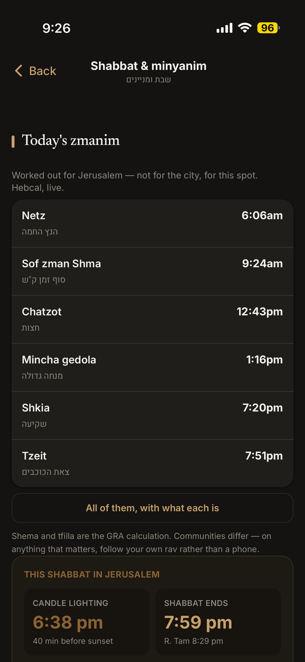 Zmanim and Shabbat times
